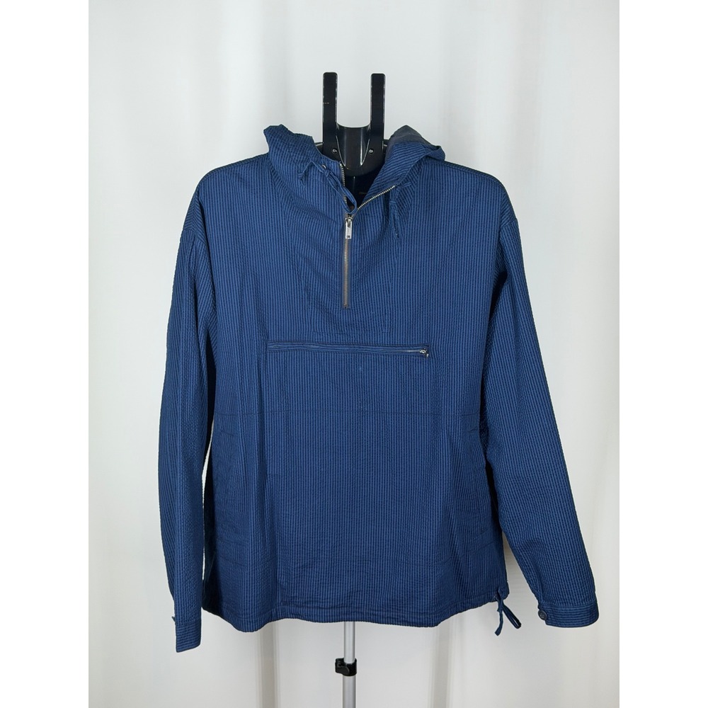 J.Crew Re-Imagined Navy Blue Textured Seersucker Quarter Zip Anorak Hoodie M